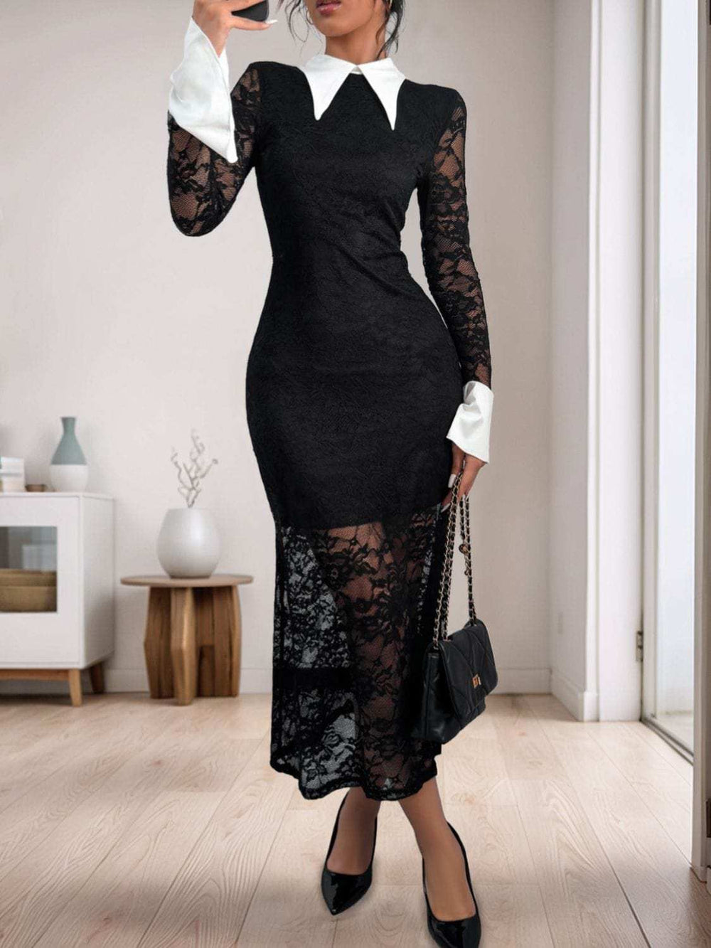 Perfee Lace Contrast Collared Neck Long Sleeve Midi Dress - Trendsi - Flyclothing LLC
