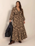 Plus Size Printed V-Neck Balloon Sleeve Maxi Dress - Trendsi - Flyclothing LLC