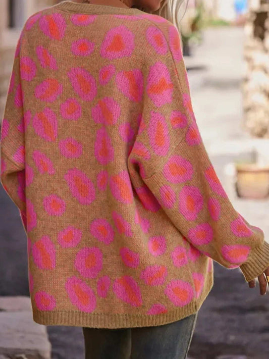Leopard Oversized V-Neck Sweater - Trendsi - Flyclothing LLC