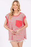 Ces Femme Side Slit Striped Cap Sleeve T-Shirt - Trendsi - Flyclothing LLC