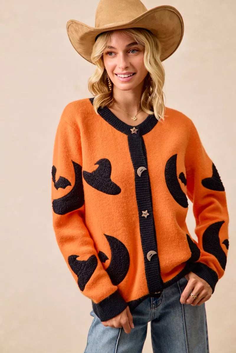 BiBi Halloween Witch Hat Moon Bat Artwork Cardigan - Trendsi - Flyclothing LLC
