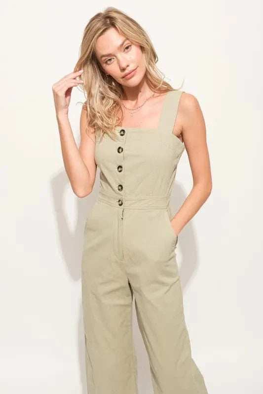And The Why Square Neck Button Down Cropped Wide Leg Jumpsuit - Trendsi - Flyclothing LLC