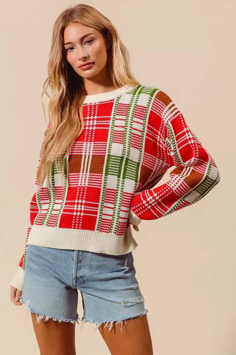 SO ME Christmas Color Checkered Plaid Crew Neck Sweater - Trendsi - Flyclothing LLC