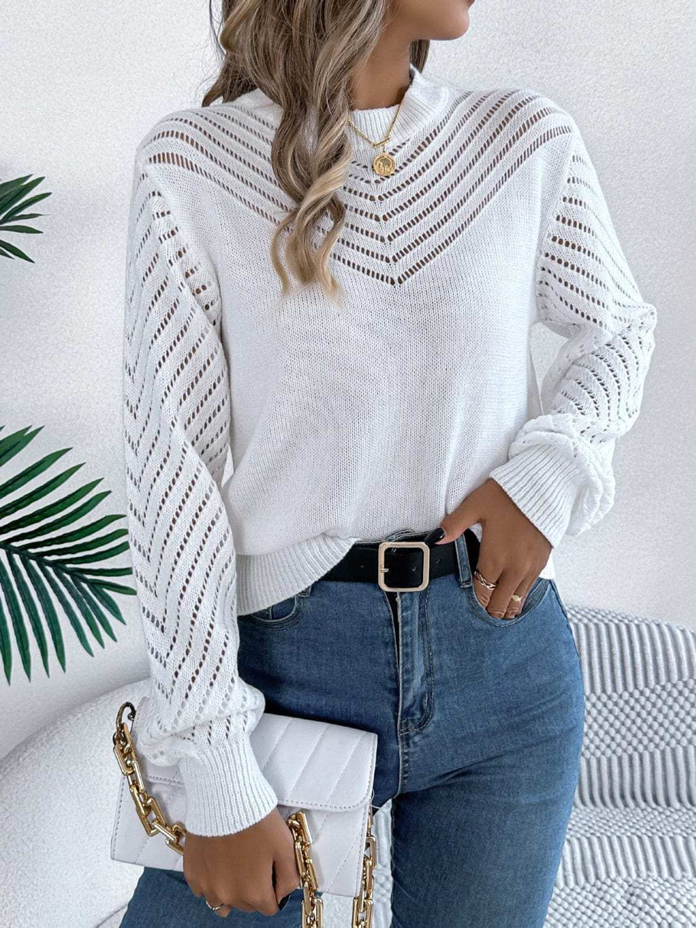 Openwork Round Neck Long Sleeve Knit Top - Trendsi - Flyclothing LLC