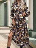 Perfee Printed Notched Long Sleeve Midi Dress - Trendsi - Flyclothing LLC