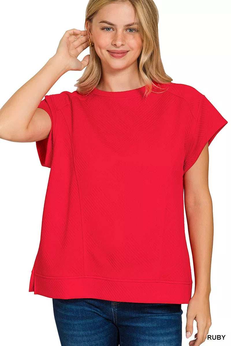 Zenana Textured Knit Jacquard Short Sleeve Top - Trendsi - Flyclothing LLC
