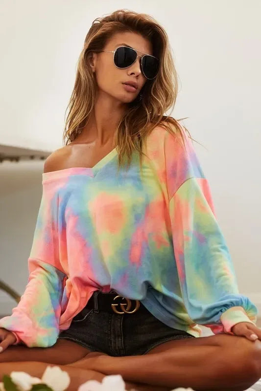 BiBi Tie Dye French Terry V Neck Top - Trendsi - Flyclothing LLC