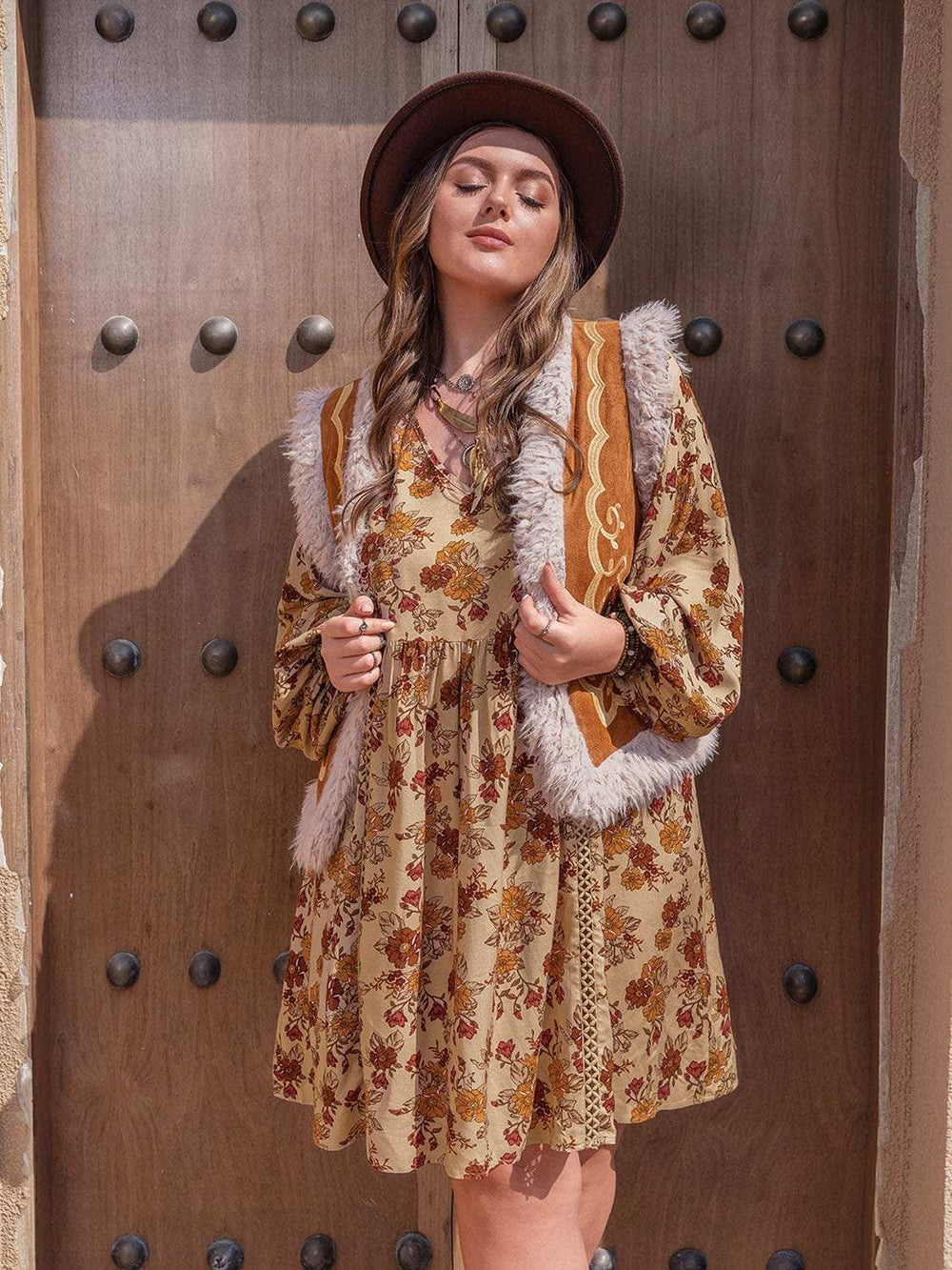 Plus Size Printed V-Neck Balloon Sleeve Mini Dress - Trendsi - Flyclothing LLC