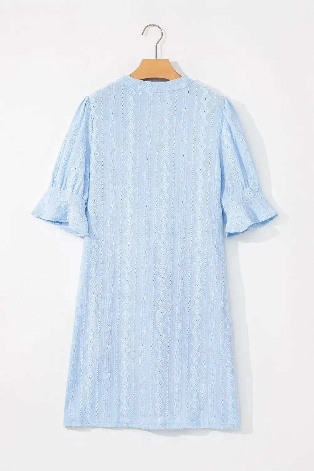 Jacquard Texture Flared Short Sleeve Notched Neck Mini Dress - Trendsi - Flyclothing LLC