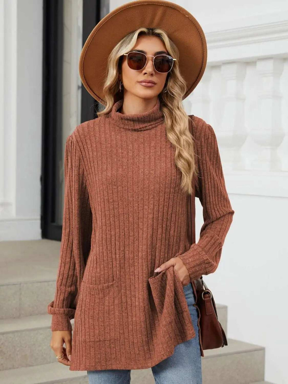 Slit Mock Neck Long Sleeve T-Shirt - Trendsi - Flyclothing LLC