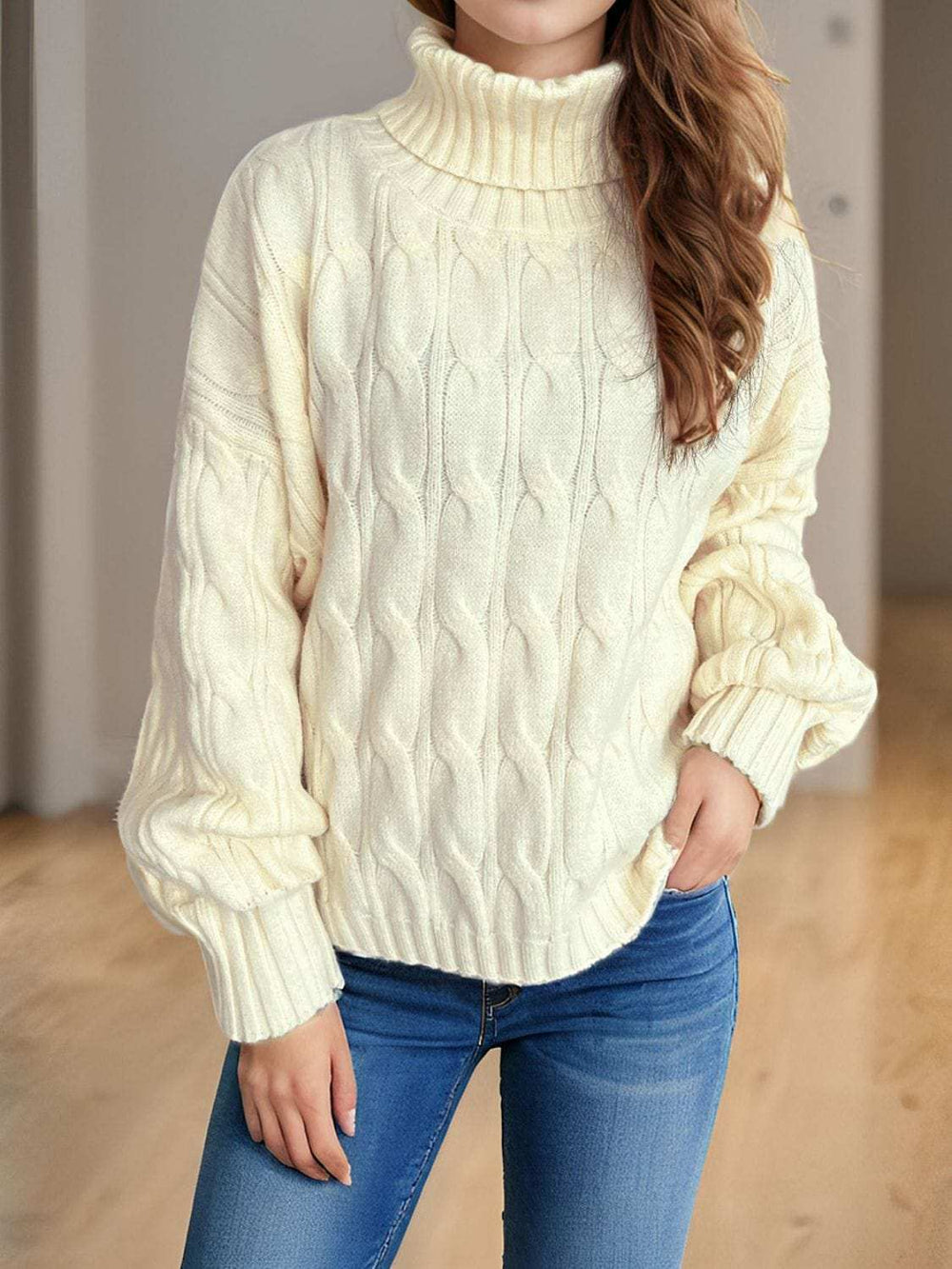 Cable-Knit Turtleneck Long Sleeve Sweater - Trendsi - Flyclothing LLC