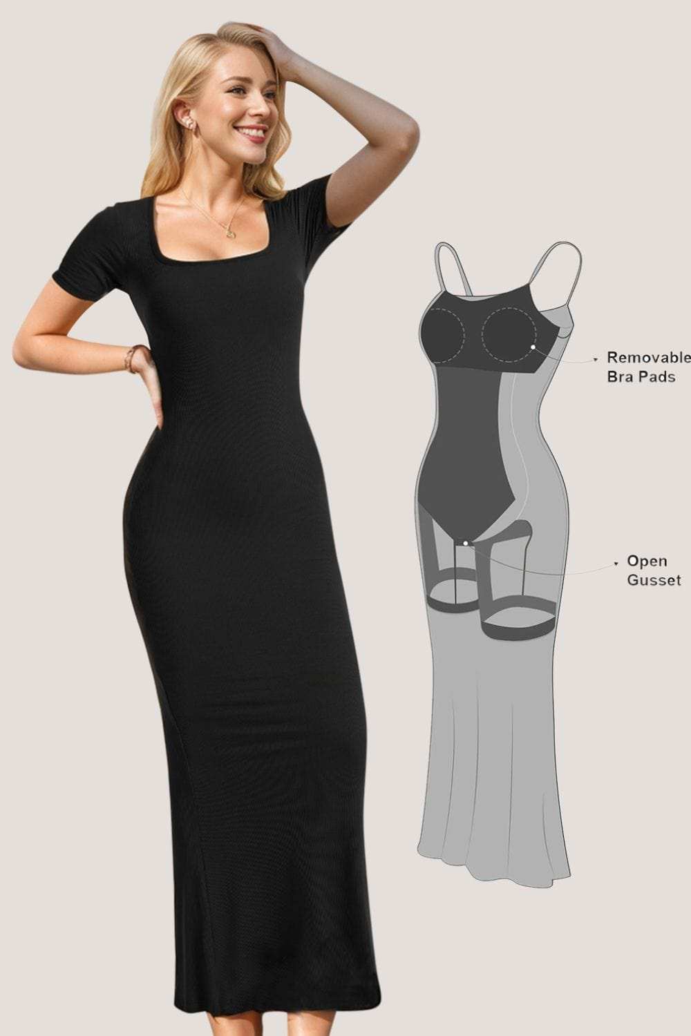 Basic Bae Built-In Shapewear Square Neck Short Sleeve Maxi Dress - Trendsi - Flyclothing LLC