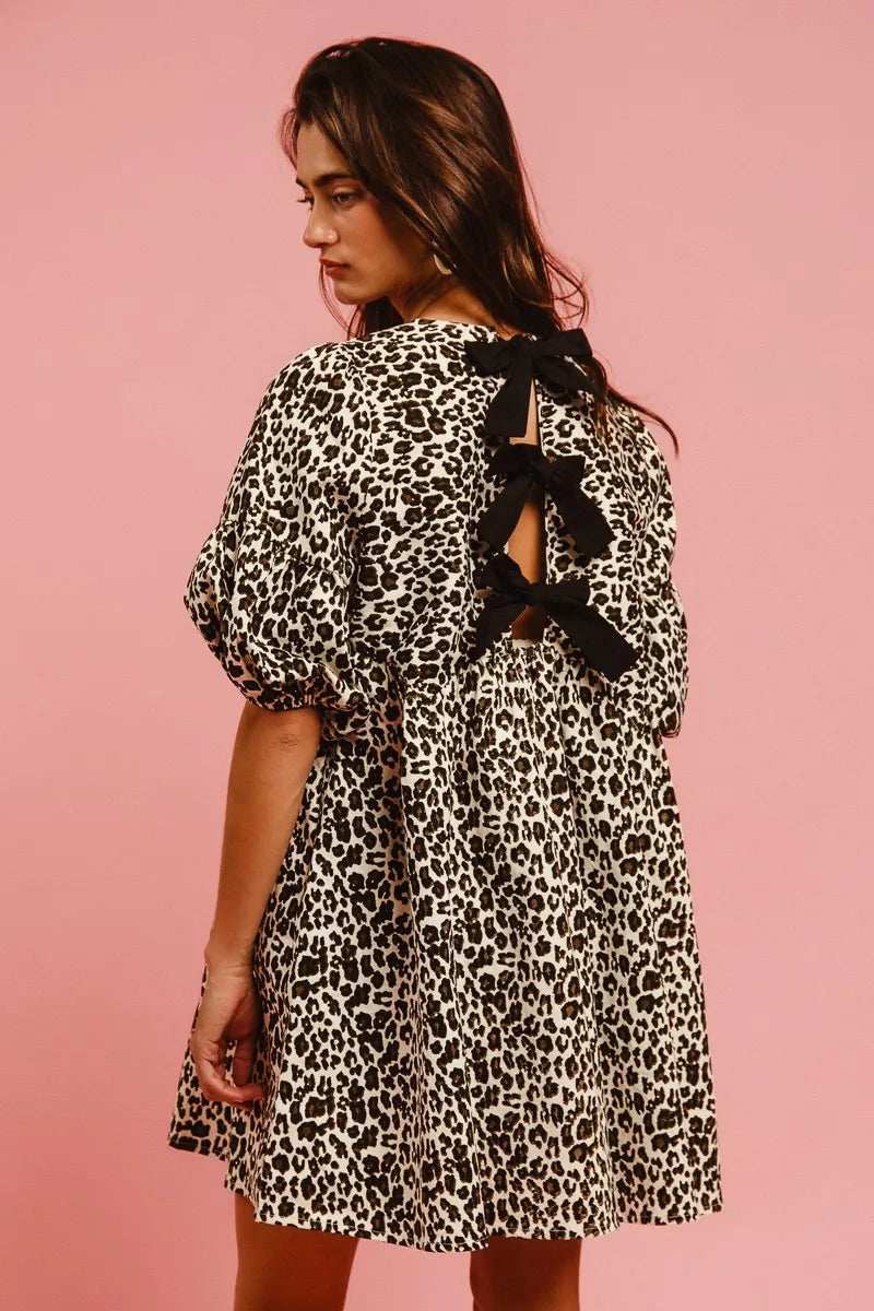BiBi Leopard Denim Dress With Back Contrast Tie Detail - Trendsi - Flyclothing LLC