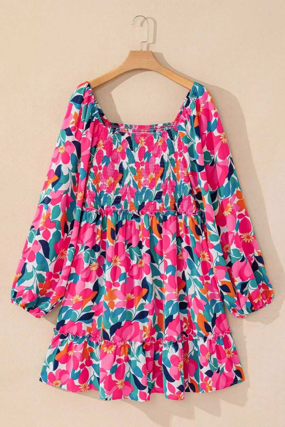 Plus Size Smocked Floral Square Neck Balloon Sleeve Dress - Trendsi - Flyclothing LLC