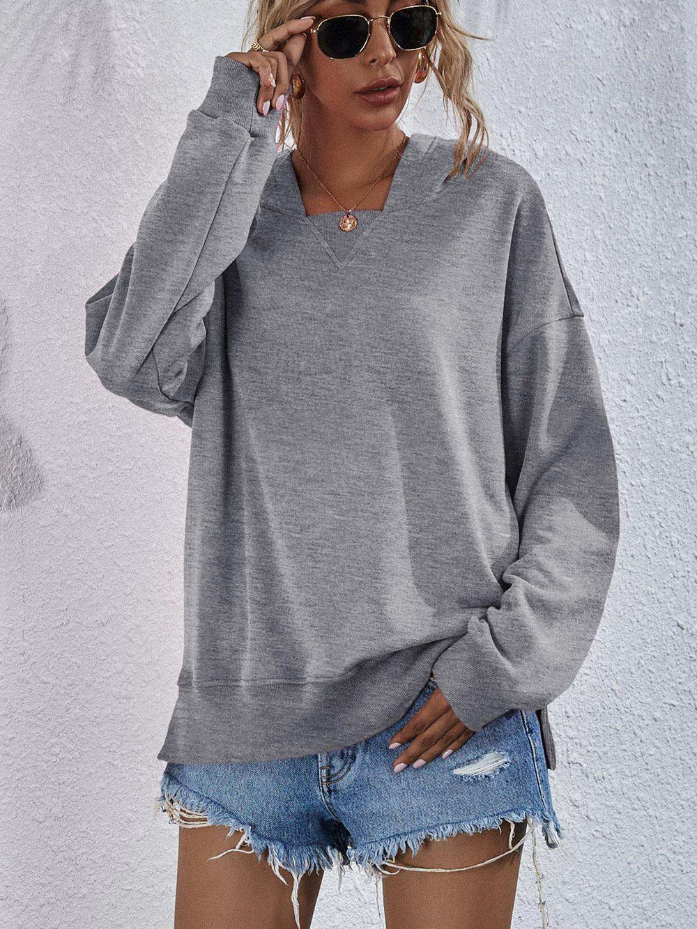 Dropped Shoulder Slit Hoodie - Trendsi - Flyclothing LLC