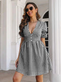 Decorative Button Plaid Short Sleeve Dress - Trendsi - Flyclothing LLC