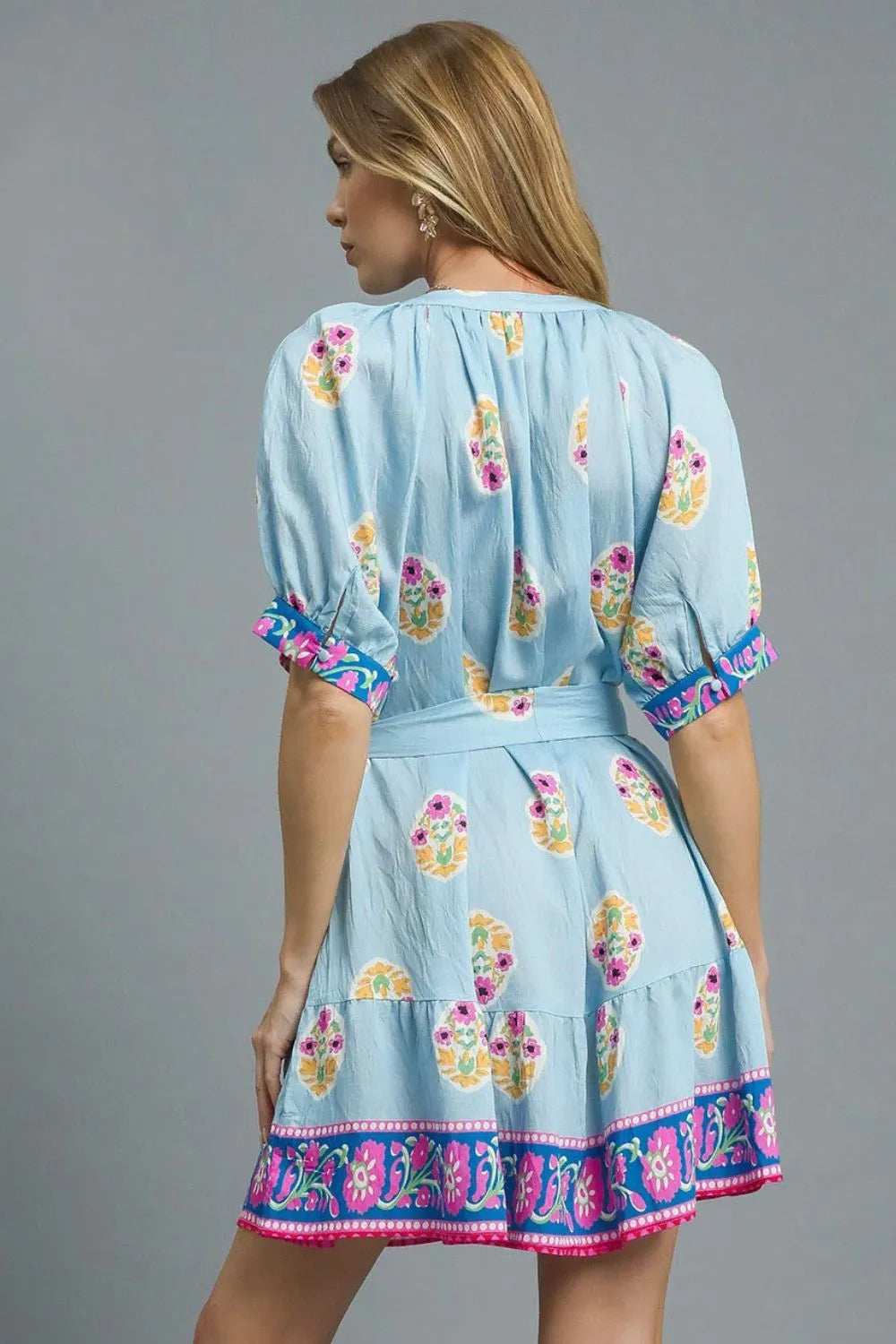 Umgee Floral Print Tie Waist Short Sleeve Dress - Trendsi - Flyclothing LLC
