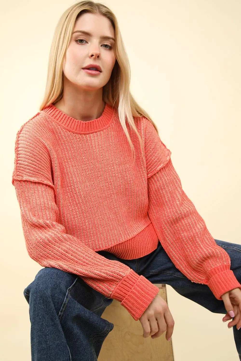 VERY J Exposed Seam Cropped Striped Slit Sweater - Trendsi - Flyclothing LLC