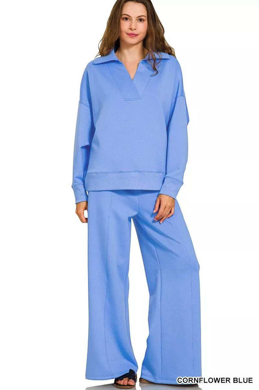 Zenana Scuba Collared Pullover and Pants Set - Trendsi - Flyclothing LLC