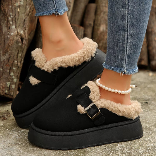 Fuzzy Trim Buckle Platform Slippers - Trendsi - Flyclothing LLC