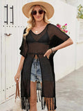 Openwork Fringe Slit Front Knit Cover Up - Trendsi - Flyclothing LLC