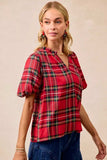 BiBi Christmas Plaid Short Sleeves Ruffled Blouse - Trendsi - Flyclothing LLC