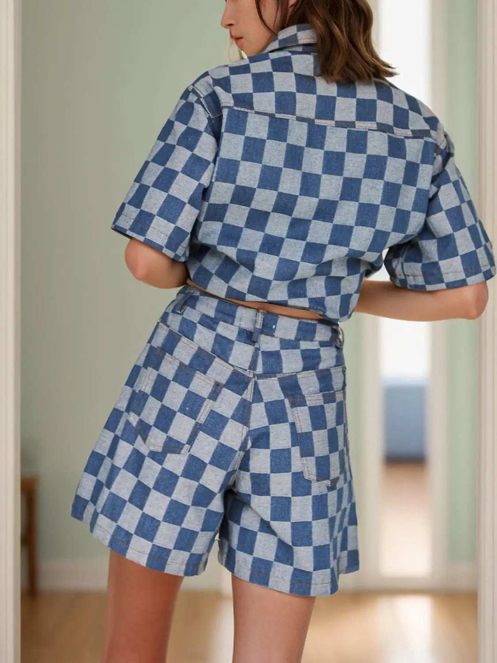 Checkered Button Up Half Sleeve Top and Shorts Set - Trendsi - Flyclothing LLC