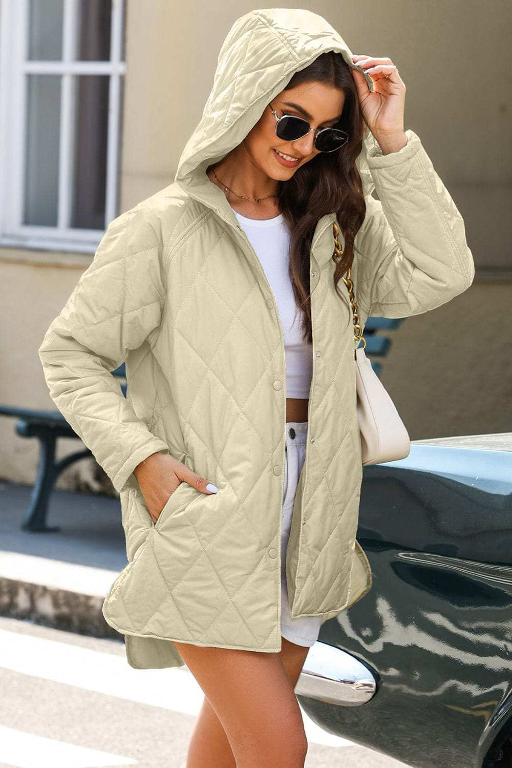 Snap Down Long Sleeve Quilted Winter Coat - Trendsi - Flyclothing LLC