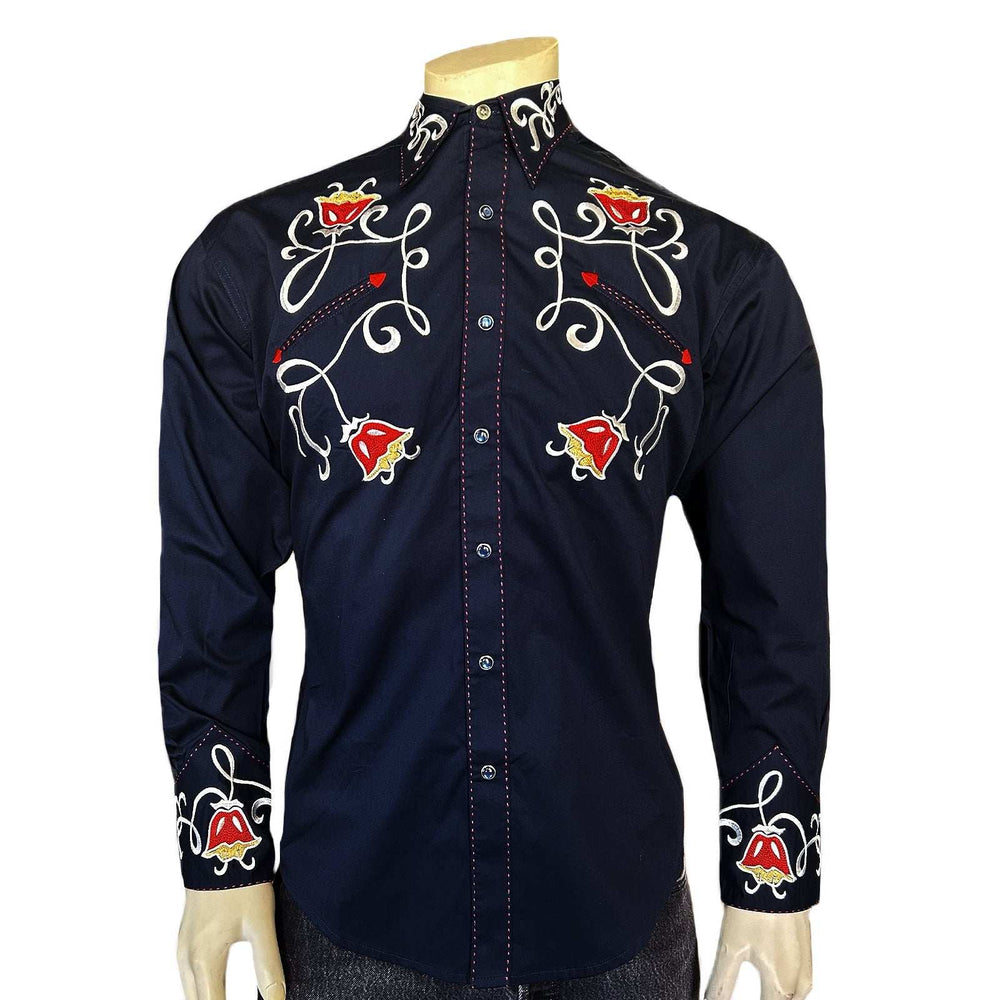 Rockmount Ranch Ware Men's Vintage Navy Art Deco Floral Embroidered Western Shirt - Rockmount Clothing - Flyclothing LLC