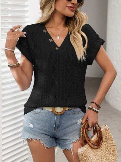 Openwork V-Neck Short Sleeve T-Shirt - Trendsi - Flyclothing LLC