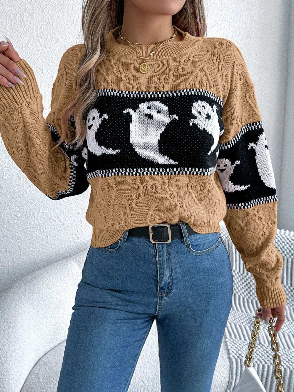 Ghost Round Neck Long Sleeve Sweater - Trendsi - Flyclothing LLC