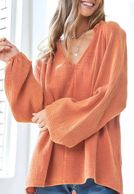 Frill V-Neck Balloon Sleeve Blouse - Trendsi - Flyclothing LLC