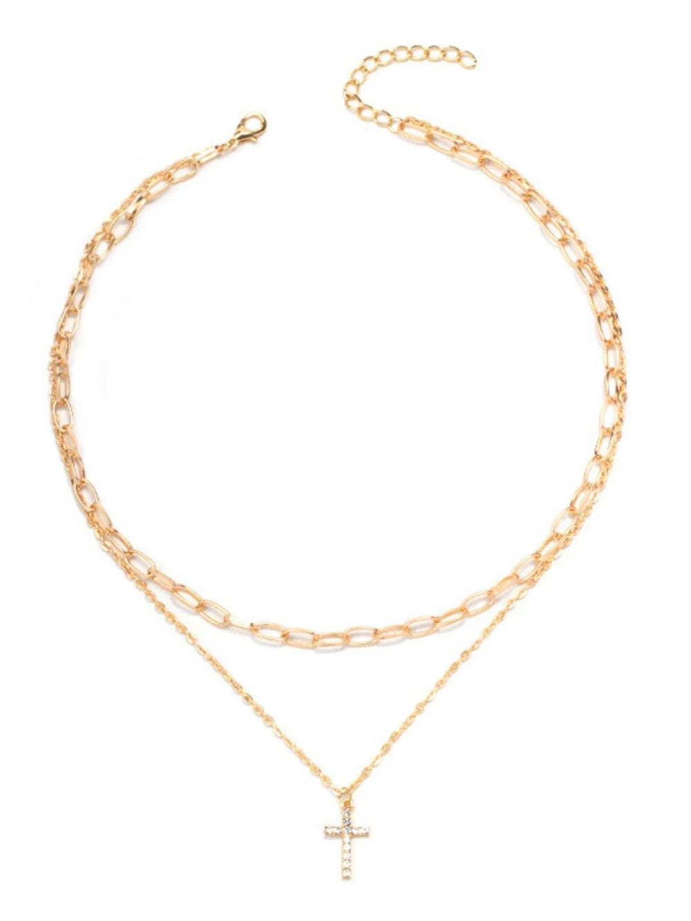 Double Layered Inlaid Zircon Cross Pendant Necklace - Trendsi - Flyclothing LLC