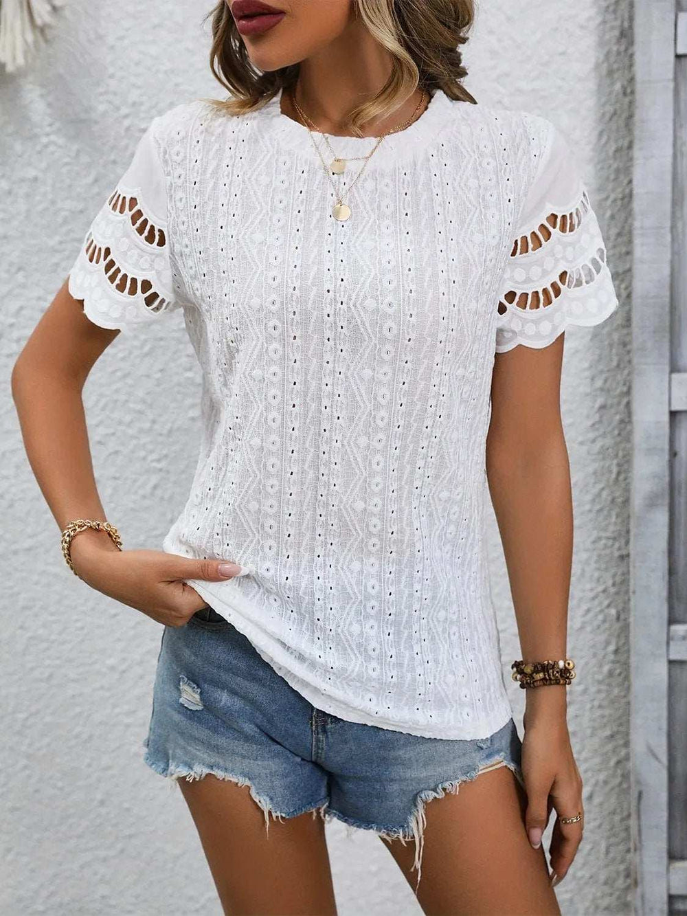 Full Size Eyelet Round Neck Short Sleeve Top - Trendsi - Flyclothing LLC