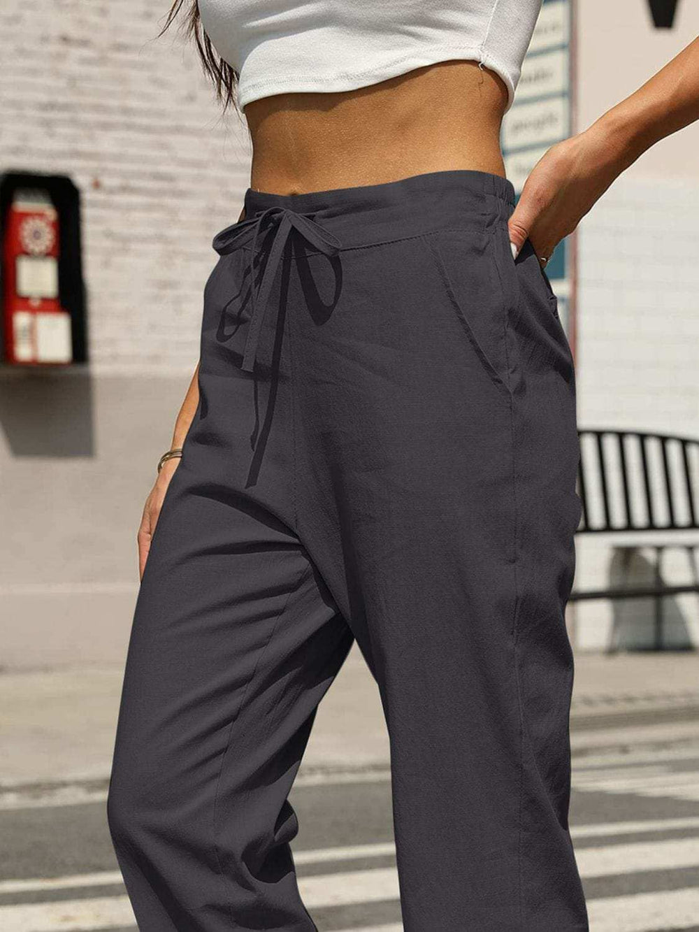 Elastic Waist Tapered Pants - Trendsi - Flyclothing LLC
