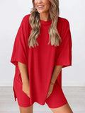 Full Size Oversized Slit Round Neck Top and Shorts Lounge Set Plus Size - Trendsi - Flyclothing LLC