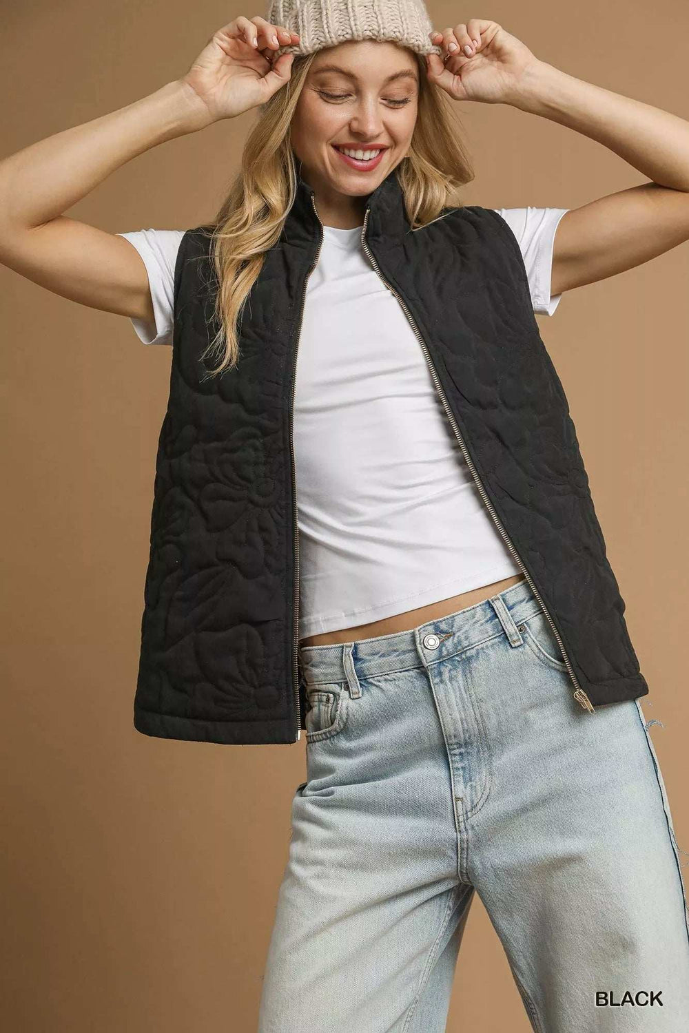 Umgee Quilted Floral Zip Up Vest with Pockets - Trendsi - Flyclothing LLC