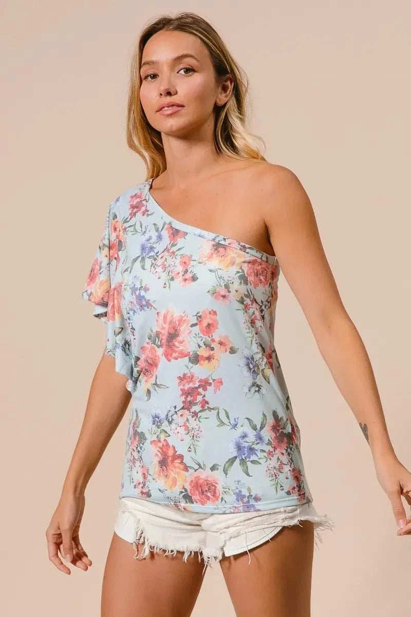 BiBi Floral Printed Jersey Knit Ruffle Sleeve Top - Trendsi - Flyclothing LLC
