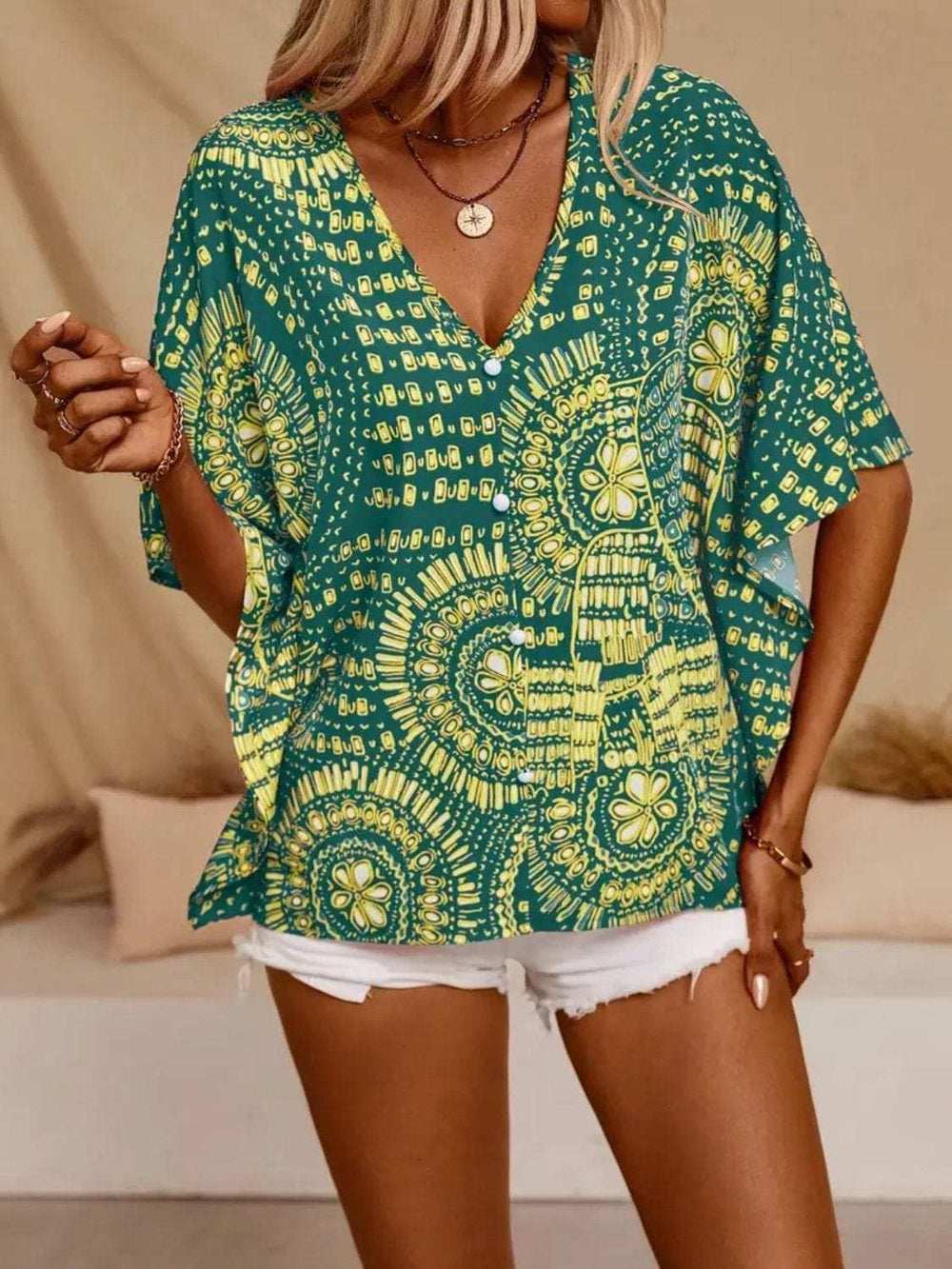Printed V-Neck Half Sleeve Top - Trendsi - Flyclothing LLC