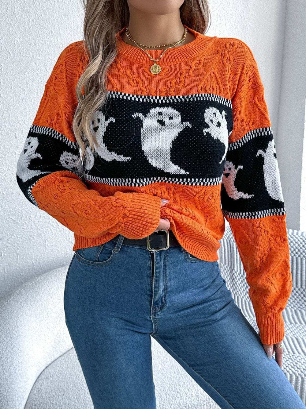 Ghost Round Neck Long Sleeve Sweater - Trendsi - Flyclothing LLC