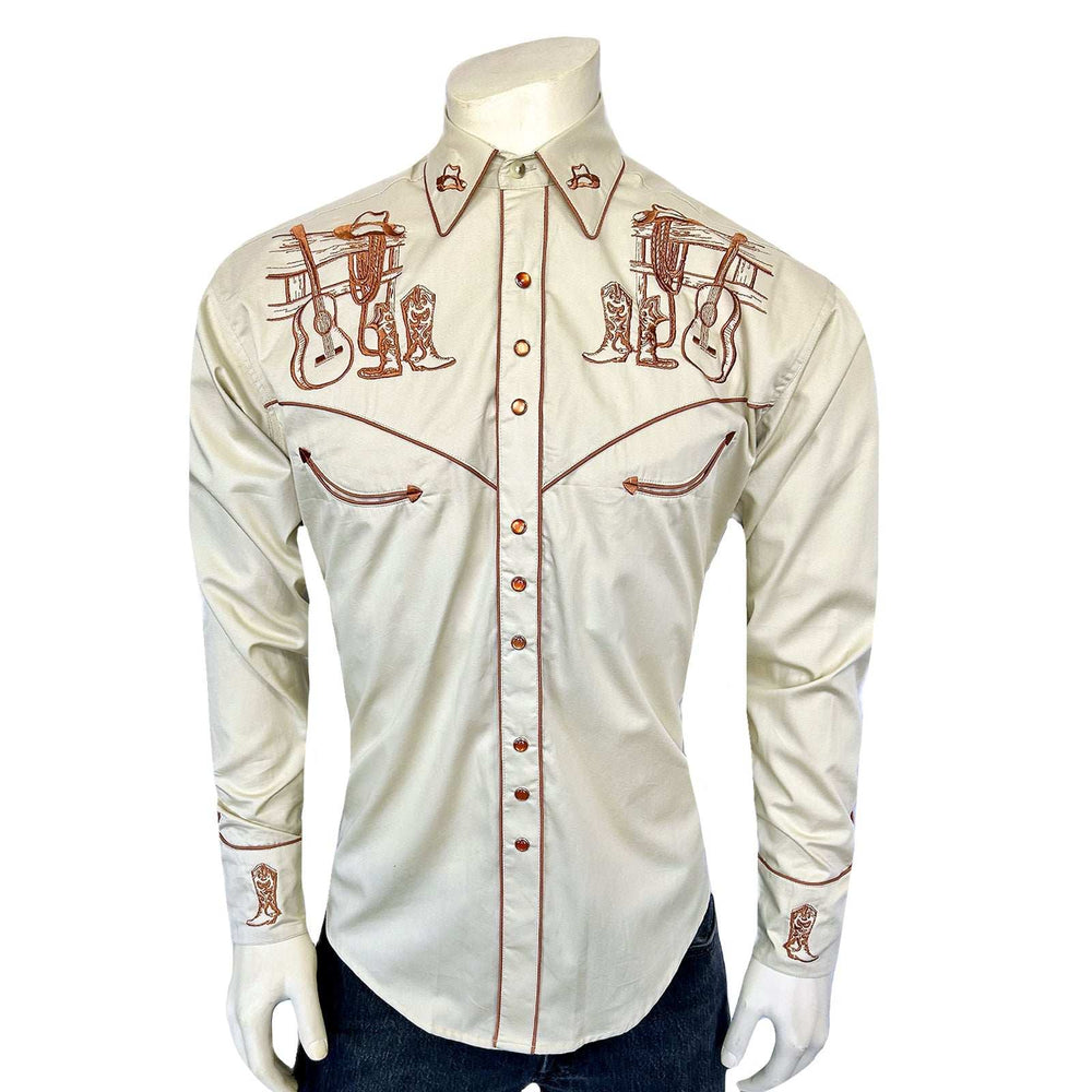 Rockmount Ranch Ware Menâs Khaki Guitar, Boot & Hat Embroidered Western Shirt - Rockmount Clothing - Flyclothing LLC