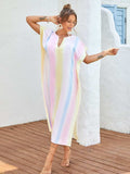 Slit Striped Notched Short Sleeve Cover Up - Trendsi - Flyclothing LLC