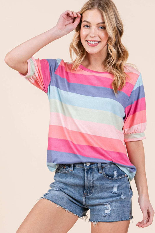 BOMBOM Striped Round Neck Half Sleeve T-Shirt - Trendsi - Flyclothing LLC
