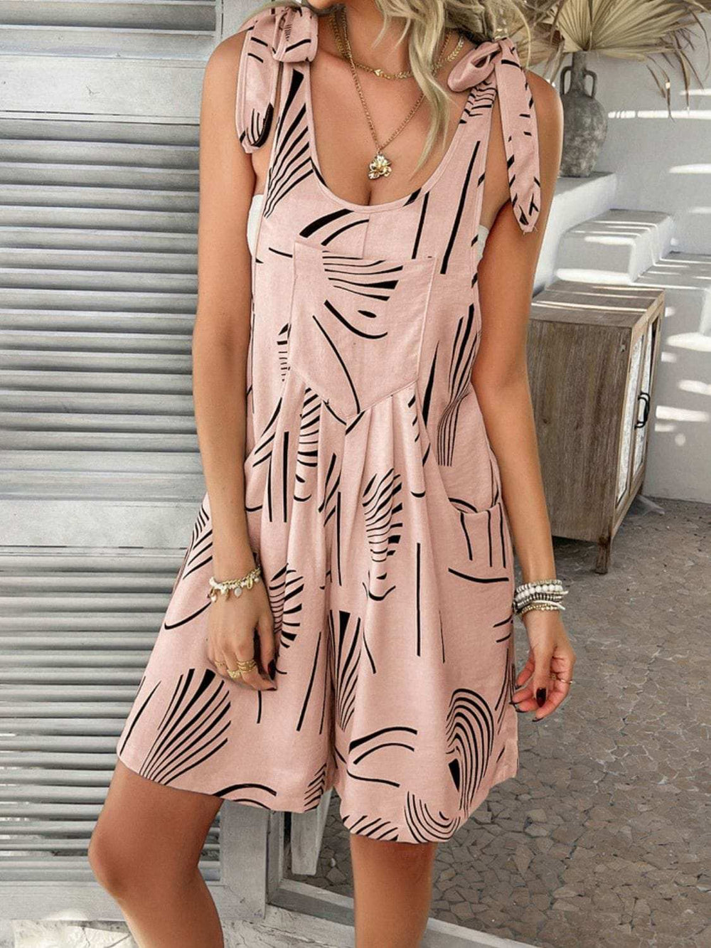 Devine Printed Tie Shoulder Overalls with Pockets - Trendsi - Flyclothing LLC