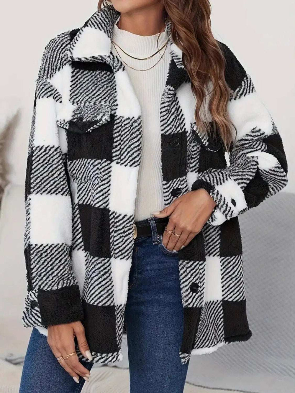 Plaid Button Up Long Sleeve Fuzzy Outerwear - Trendsi - Flyclothing LLC