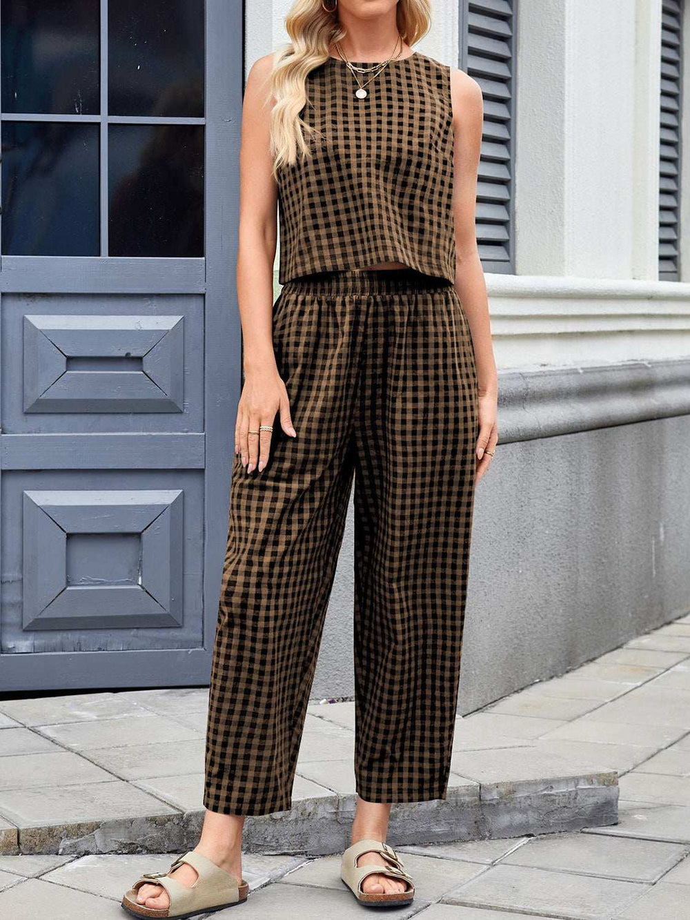 Lovelet Plaid Round Neck Sleeveless Top and Pants Set - Trendsi - Flyclothing LLC