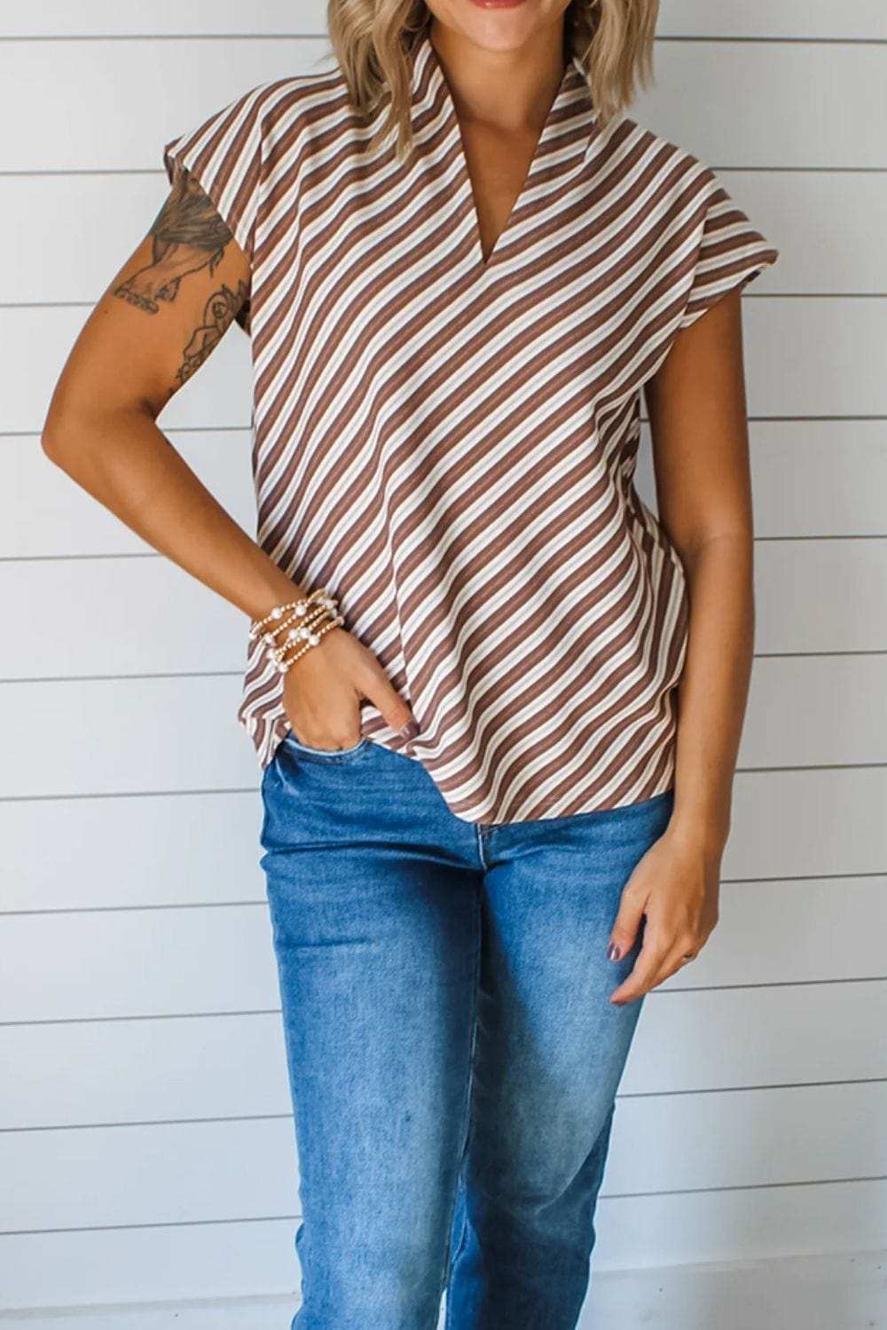 Striped V Neck Cap Sleeve Blouse - Trendsi - Flyclothing LLC