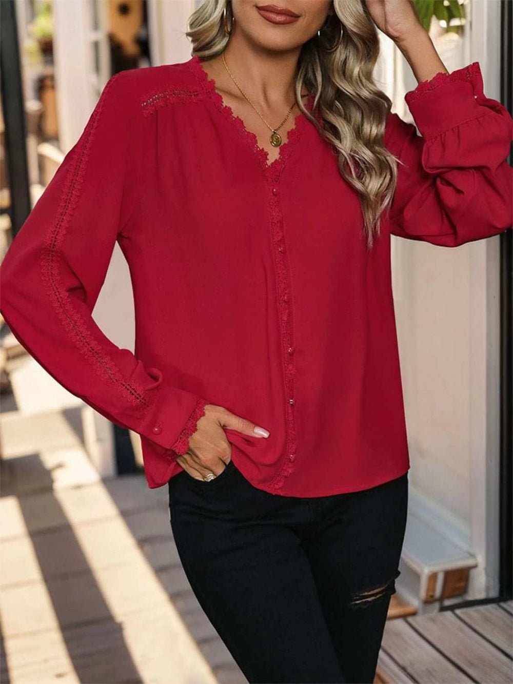 Lace Detail V-Neck Long Sleeve Blouse - Trendsi - Flyclothing LLC