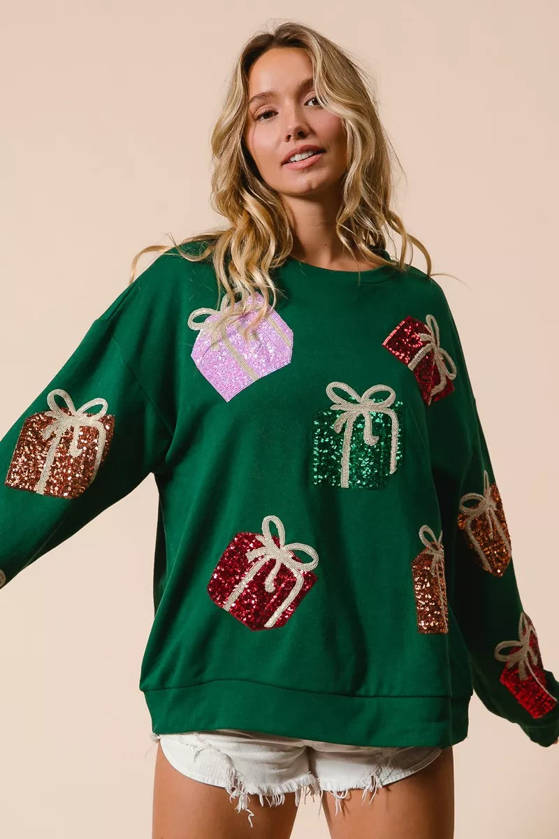 BiBi Sequin Christmas Gift Box Embroideries Pullover - Trendsi - Flyclothing LLC