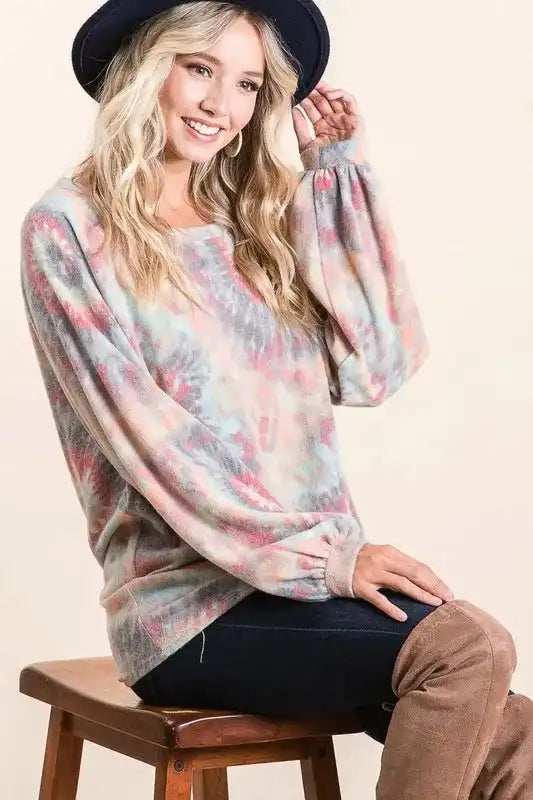 BiBi Brushed Tie Dye Print Top with Puff Sleeves - Trendsi - Flyclothing LLC